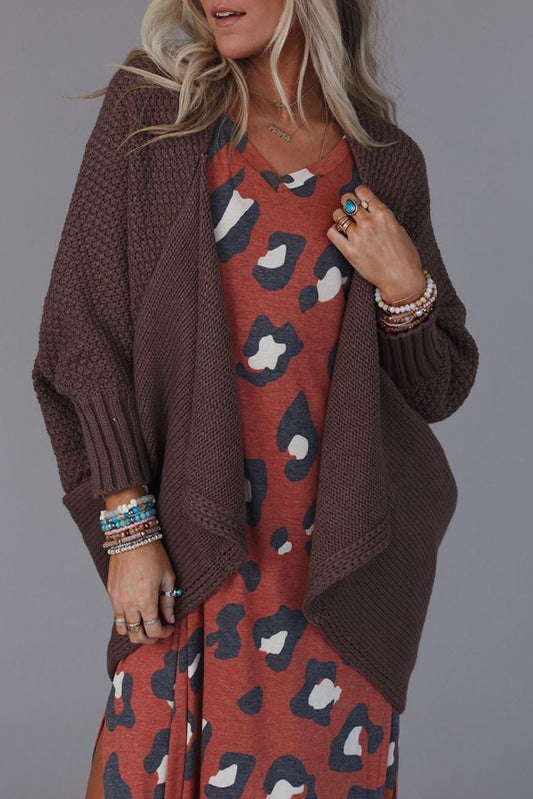 Brown Textured Knit Dolman Sleeve Cardigan Pre Order Sweaters & Cardigans JT's Designer Fashion