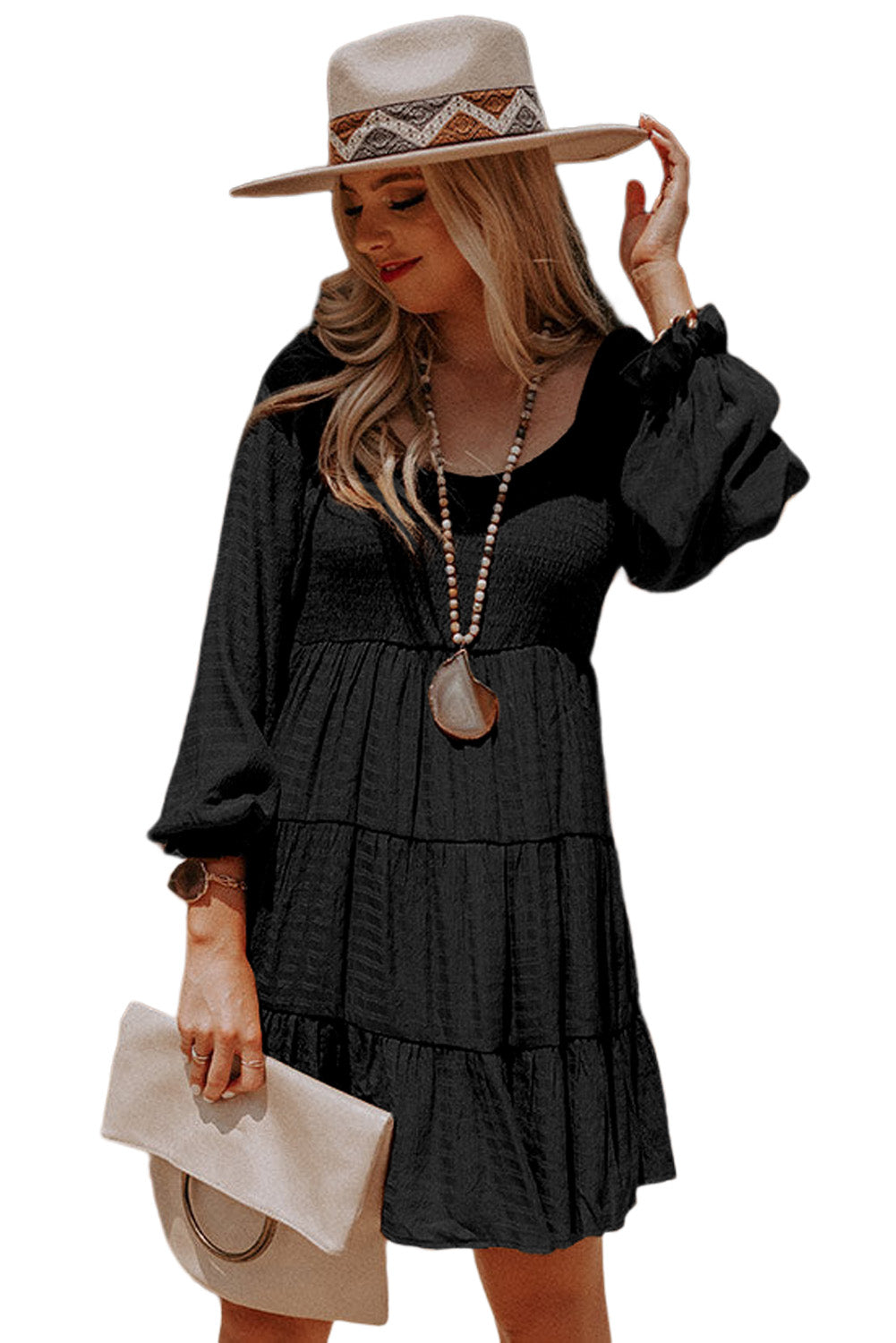 Black Brown Bishop Sleeve Smocked Tiered Mini Dress Dresses JT's Designer Fashion