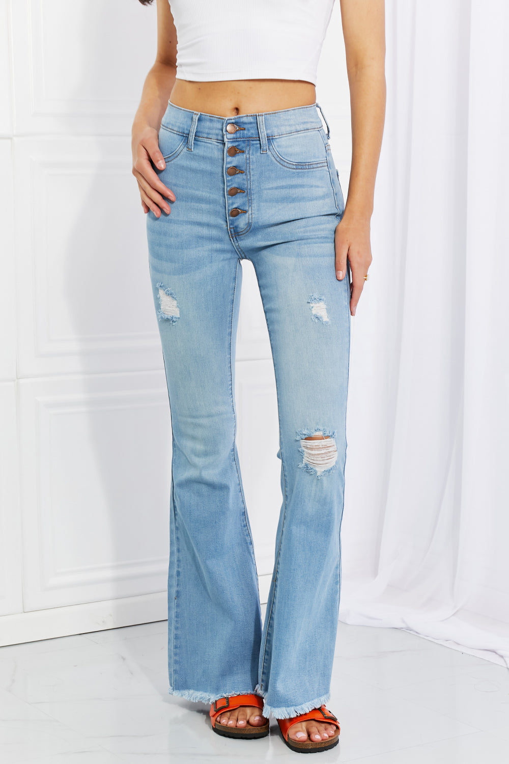 Vibrant MIU Full Size Jess Button Flare Jeans Light Jeans JT's Designer Fashion