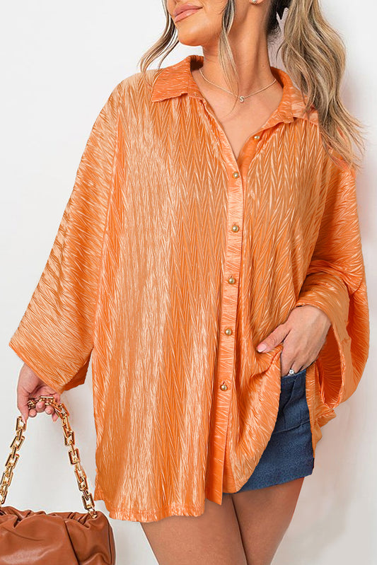 Grapefruit Orange Solid Color Crinkled Wide Sleeve Button up Shirt Grapefruit Orange 100%Polyester Blouses & Shirts JT's Designer Fashion