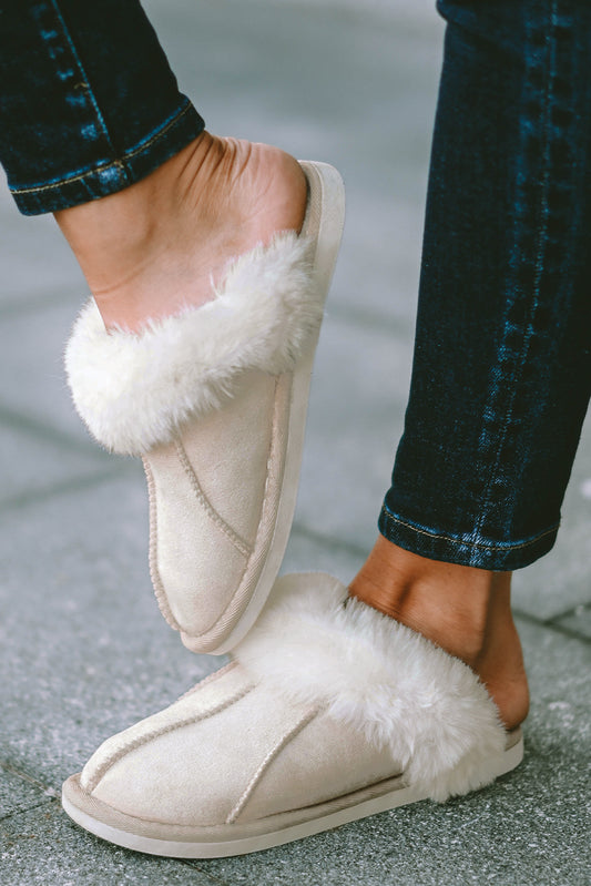 Beige Plush Lining Suede Slip On Winter Slippers Slippers JT's Designer Fashion