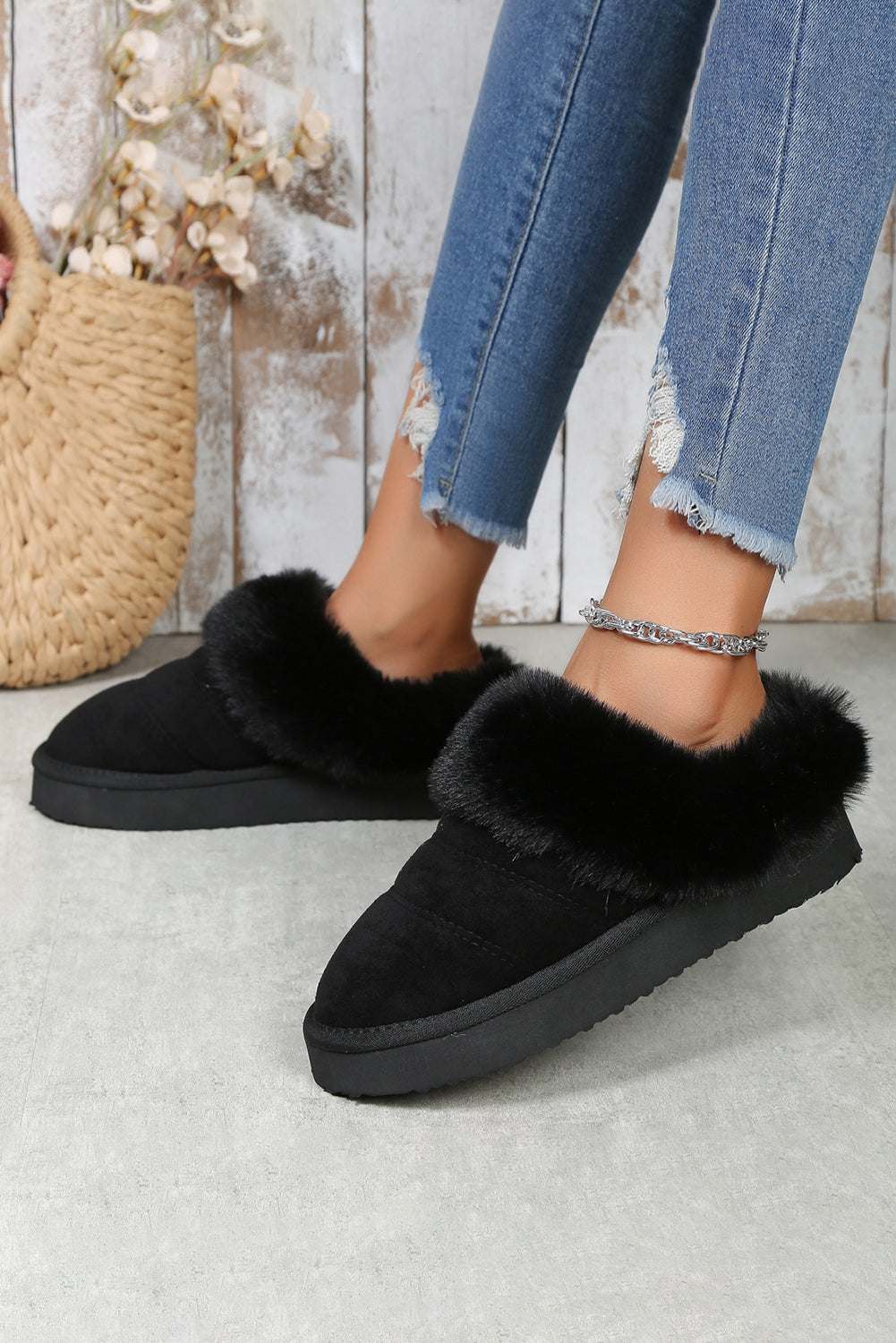 Black Plush Suede Patchwork Thick Sole Slippers Slippers JT's Designer Fashion