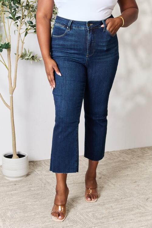 BAYEAS Full Size Raw Hem Straight Jeans Dark jeans JT's Designer Fashion