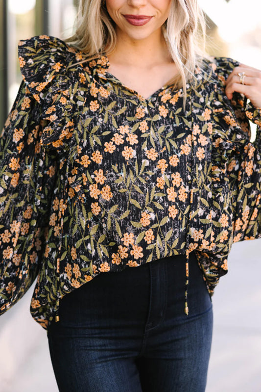 Black Plus Size Split Neck Ruffled Bubble Sleeve Floral Blouse Black 100%Polyester Blouses & Shirts JT's Designer Fashion