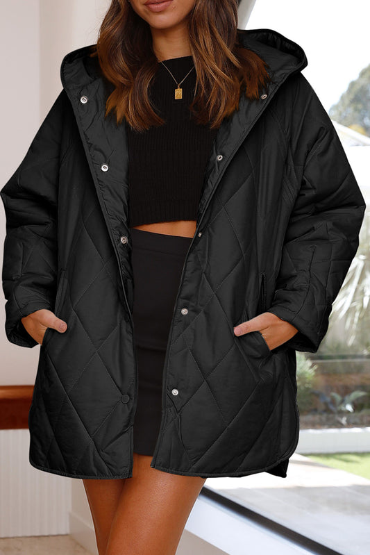 Black Quilted Snap Button Hooded Coat Outerwear JT's Designer Fashion