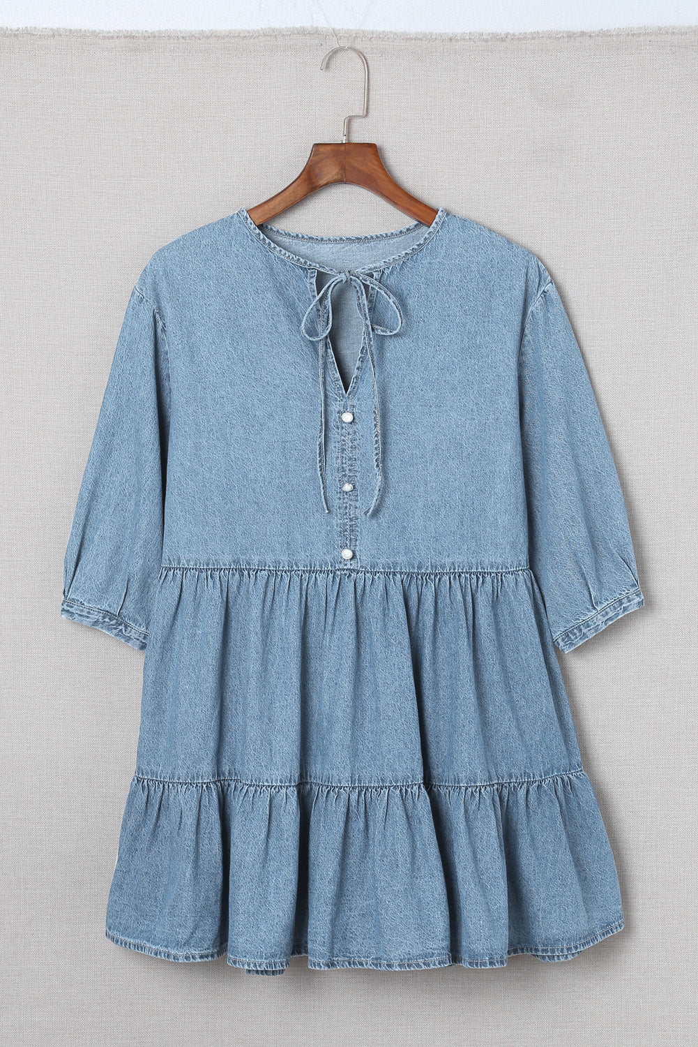 Sky Blue Split Neck Tiered Denim Dress Mini Dresses JT's Designer Fashion