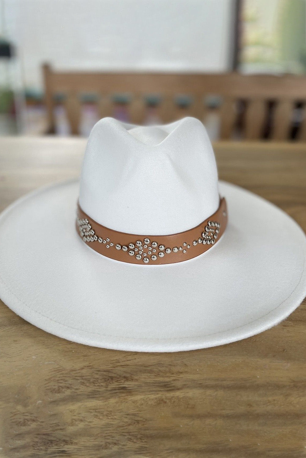 White Studded Wide Brim Panama Hat Hats & Caps JT's Designer Fashion