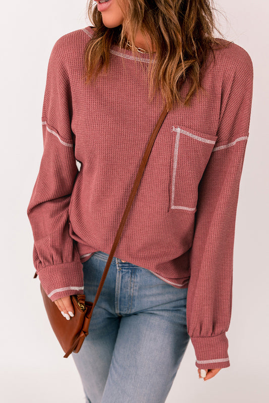 Contrast Stitching Trim Waffle Knit Pullover Red 62.7%Polyester+37.3%Cotton Long Sleeve Tops JT's Designer Fashion