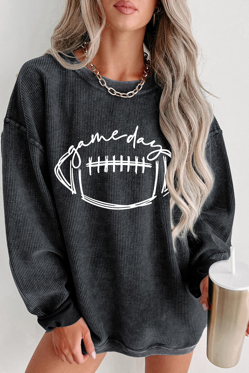 Black Corded Texture Game Day Graphic Sweatshirt Black 100%Polyester Graphic Sweatshirts JT's Designer Fashion
