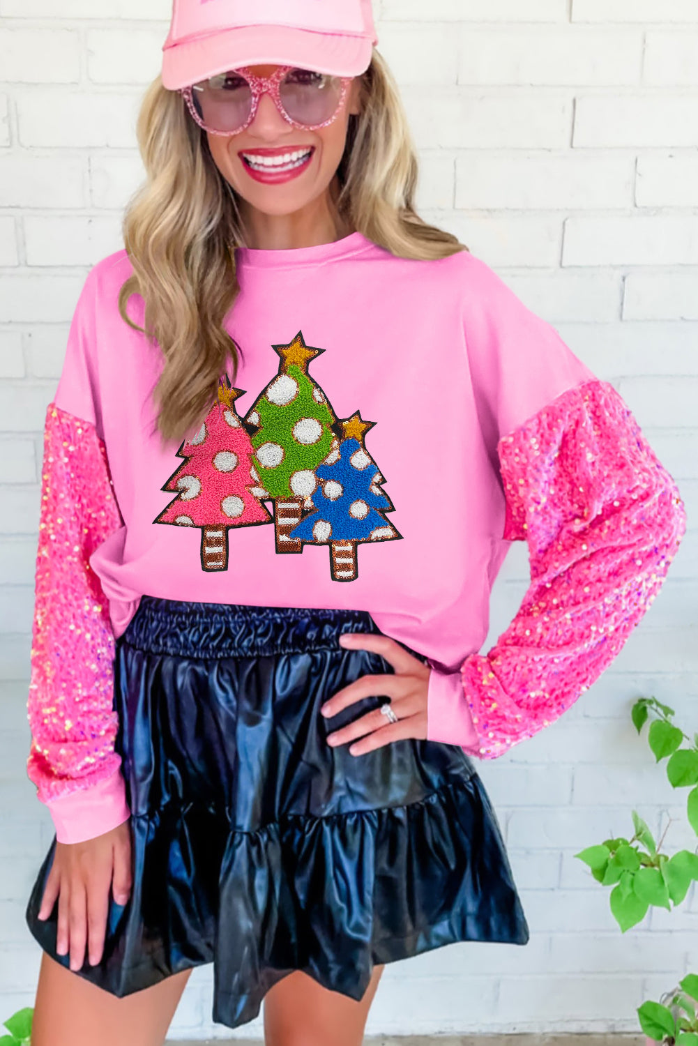 Pink Sequined Sleeve Christmas Tree Graphic Sweatshirt Graphic Sweatshirts JT's Designer Fashion