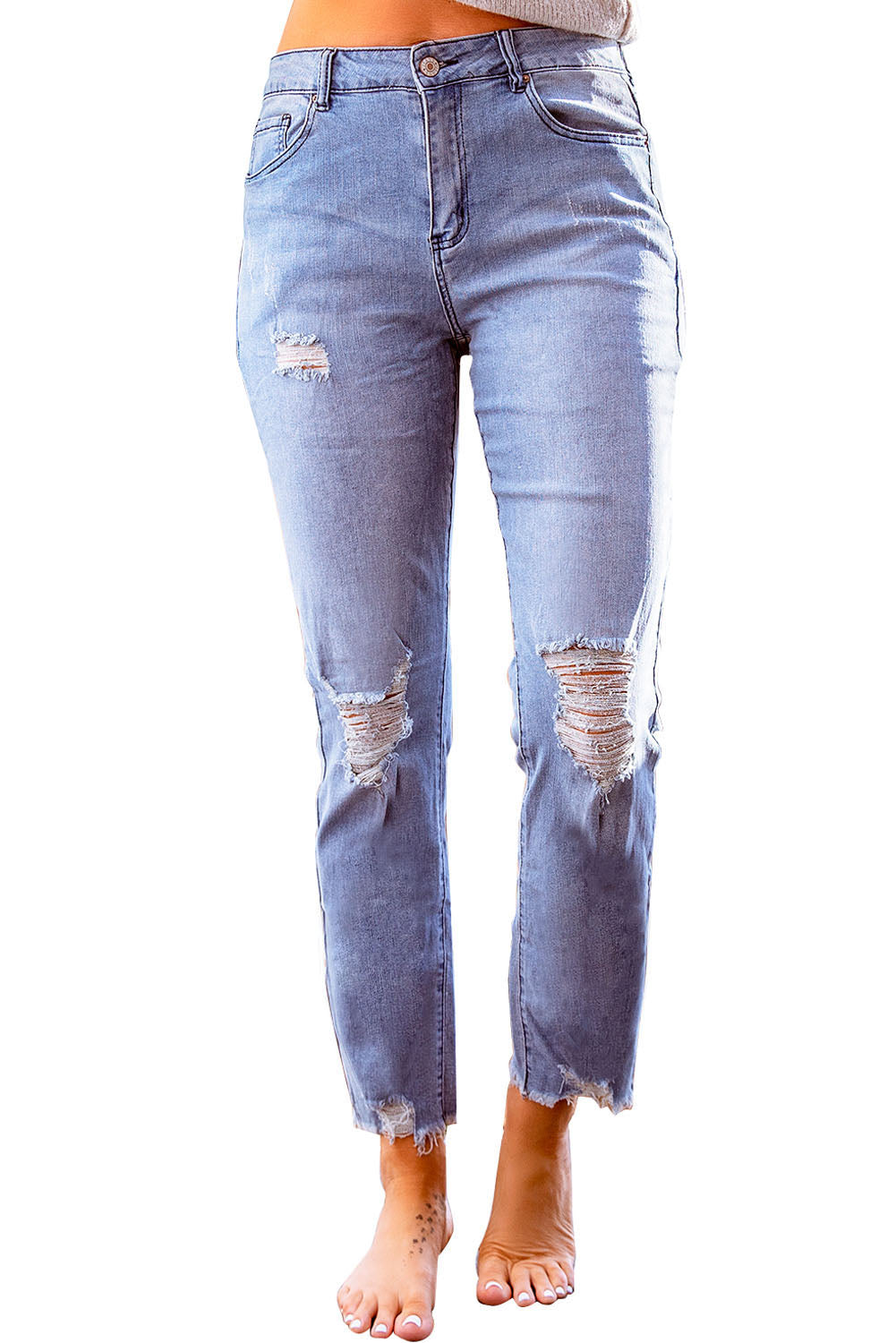 Sky Blue Ripped Slim Fit Washed Jeans Jeans JT's Designer Fashion