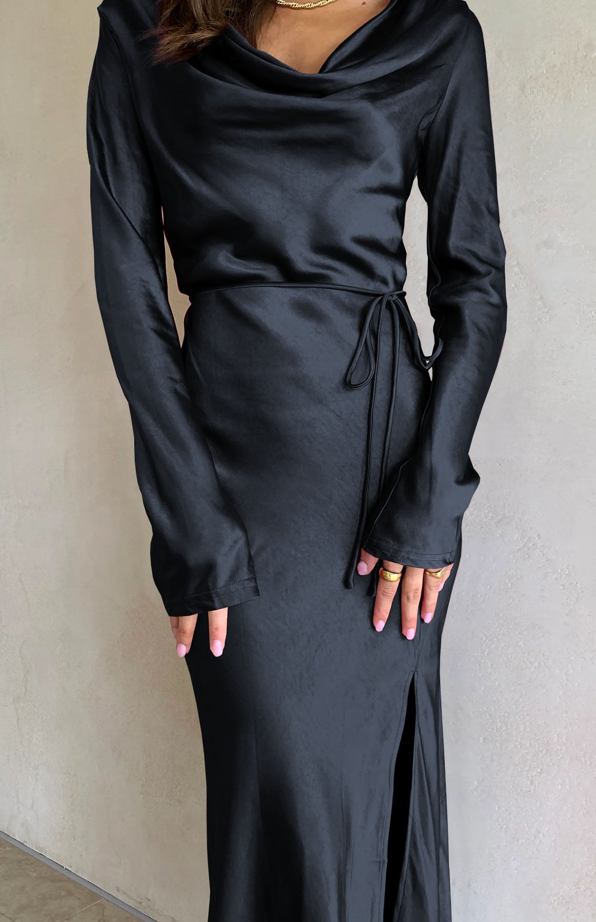 Blue Drape Neck Tie Waist Long Sleeve Slit Dress Maxi Dresses JT's Designer Fashion