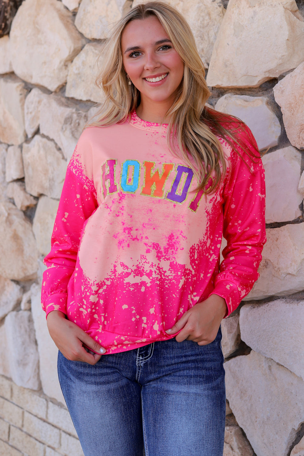 Rose Glitter HOWDY Graphic Western Tie Dye Sweatshirt Rose 95%Polyester+5%Elastane Graphic Sweatshirts JT's Designer Fashion