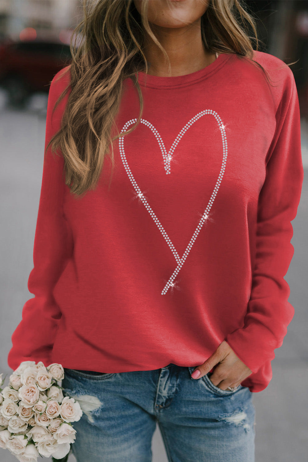 Fiery Red Rhinestone Heart Shaped Long Sleeve Sweatshirt Red 100%polyester Graphic Sweatshirts JT's Designer Fashion