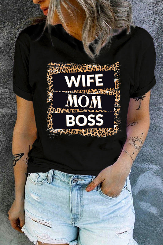 Black WIFE MOM BOSS Print Crew Neck T Shirt Black 95%Polyester+5%Spandex Graphic Tees JT's Designer Fashion
