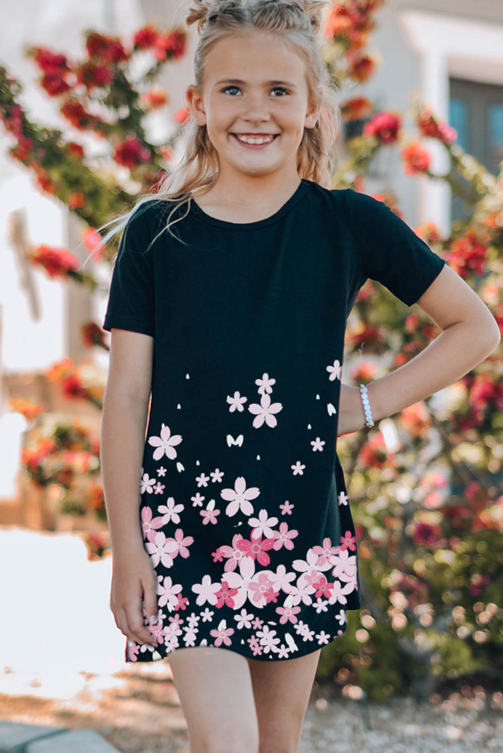 Black Family Matching Girl's Cherry Blossoms Print T Shirt Mini Dress Family Dress JT's Designer Fashion