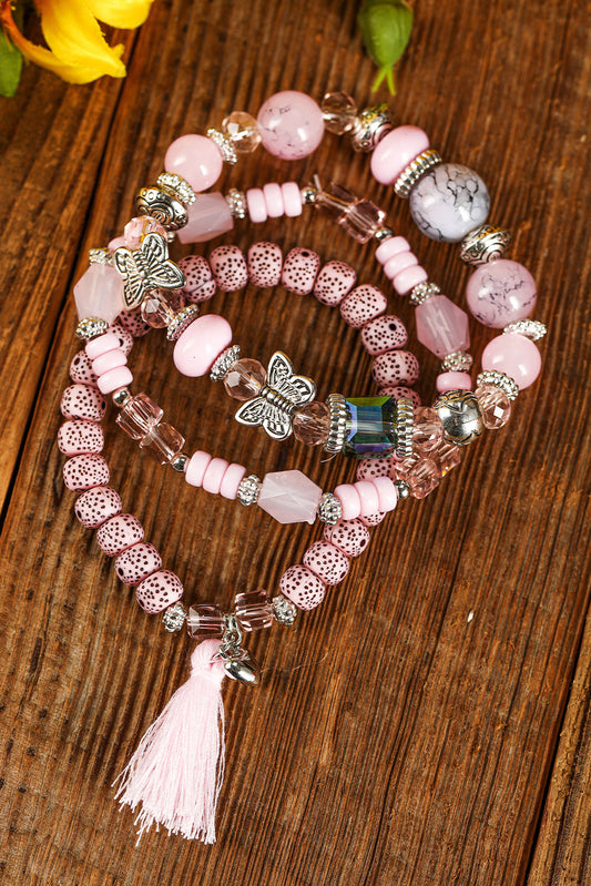 Light Pink Butterfly Beaded Tassel Multi-layered Bracelet Jewelry JT's Designer Fashion