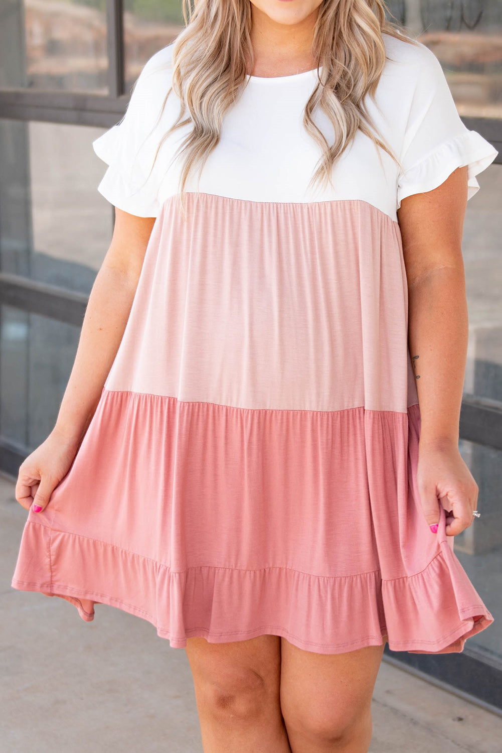 Pink Colorblock Tiered Ruffled Plus Size Dress Pink 95%Polyester+5%Elastane Plus Size Dresses JT's Designer Fashion