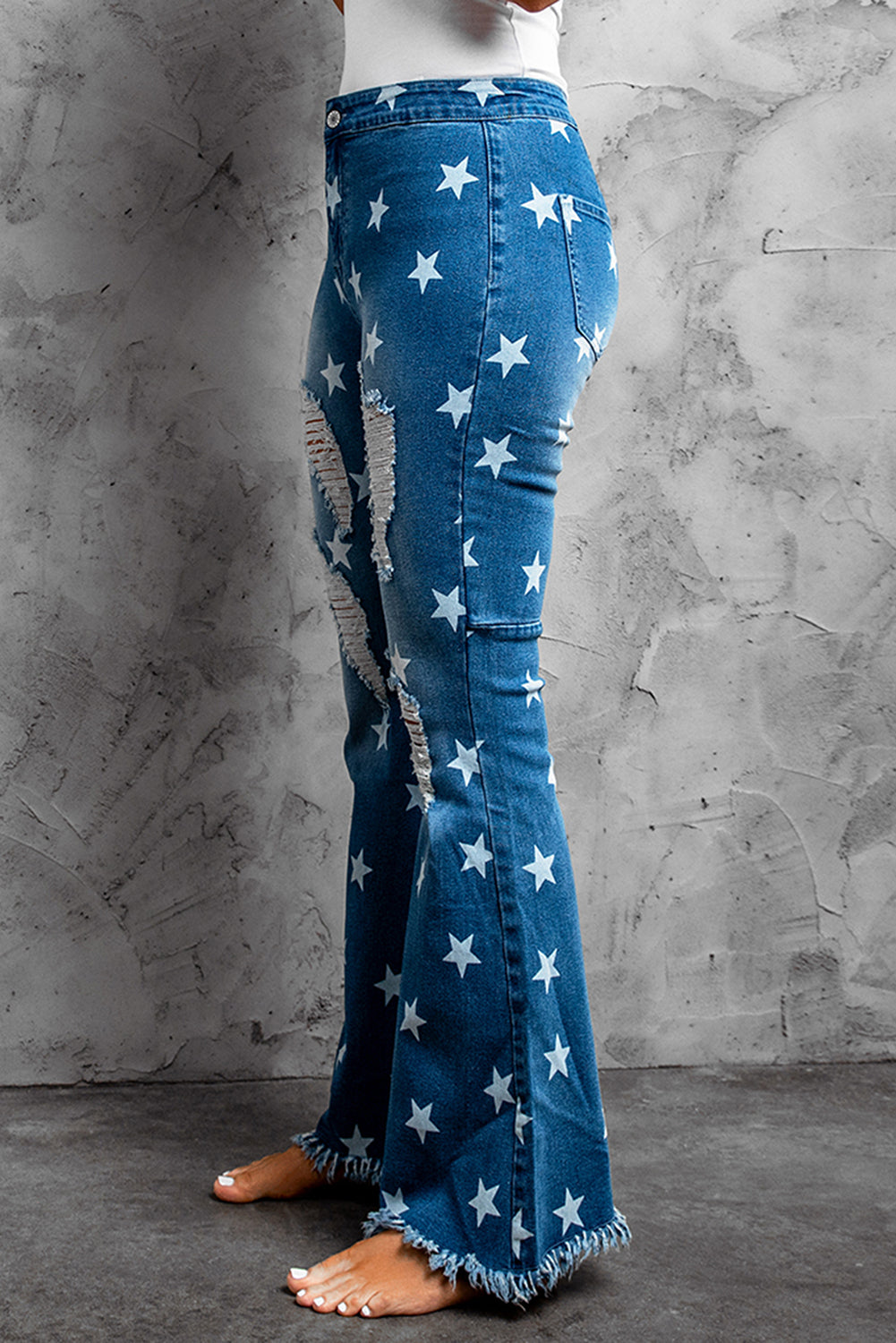 Star Print Distressed Raw Hem Flare Jeans Jeans JT's Designer Fashion