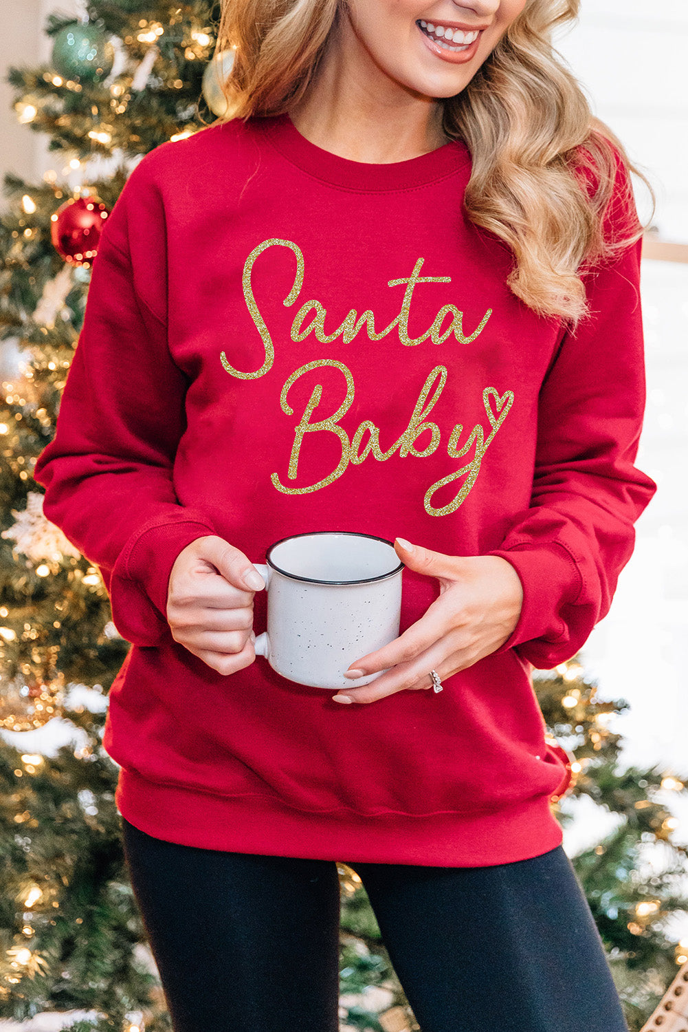 Fiery Red Santa Baby Letter Glitter Print Pullover Sweatshirt Graphic Sweatshirts JT's Designer Fashion