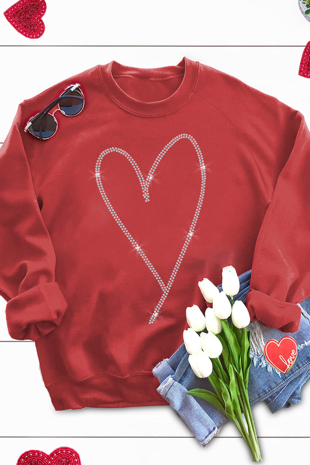 Fiery Red Rhinestone Heart Shaped Long Sleeve Sweatshirt Graphic Sweatshirts JT's Designer Fashion