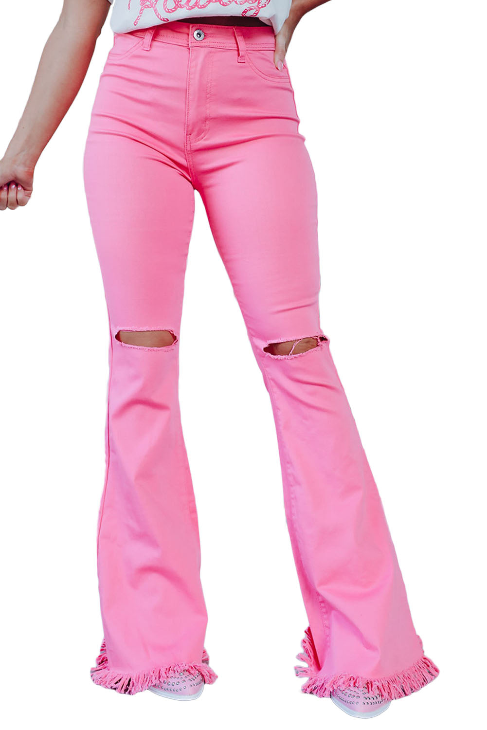Pink Vintage High Waist Flare Leg Ripped Raw Hem Jeans Jeans JT's Designer Fashion