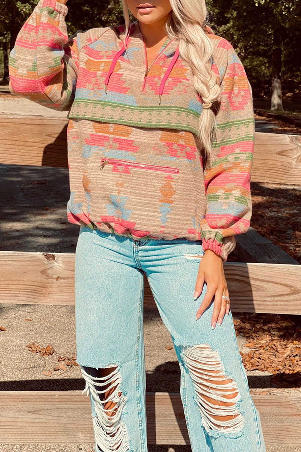 Multicolor Aztec Printed Kangaroo Pocket Zipped Hoodie Sweatshirts & Hoodies JT's Designer Fashion