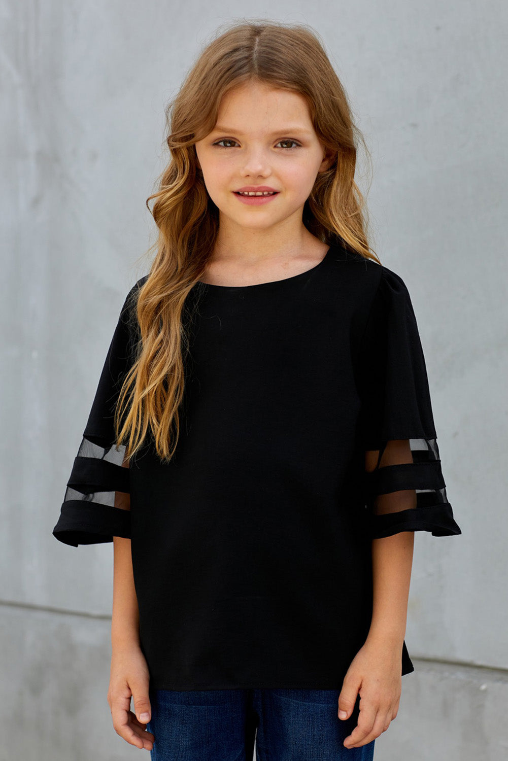 Girls Sheer Striped Flare Sleeve Tee Shirt Black Girls Tops JT's Designer Fashion