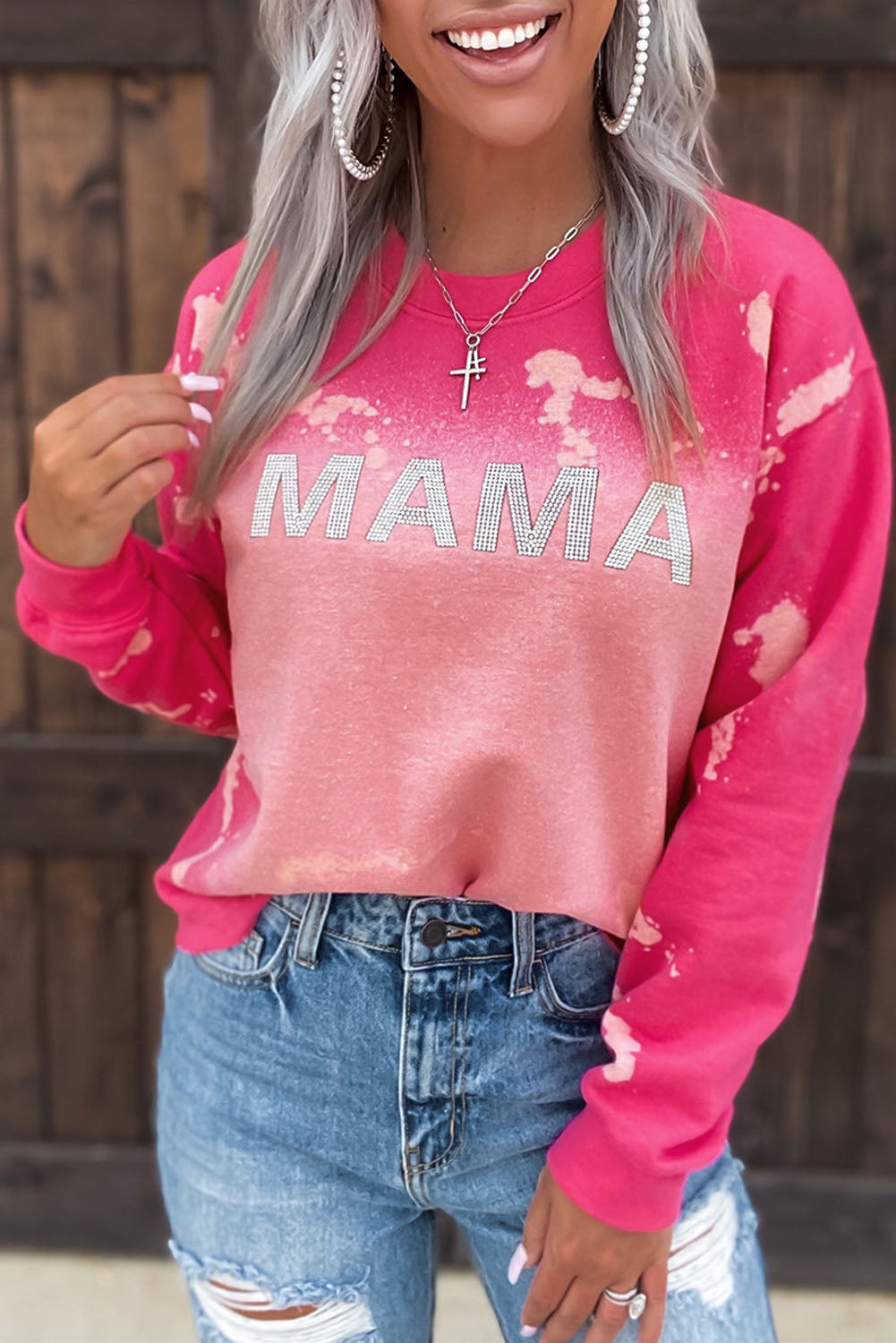 Pink Mama Rhinestone Letter Graphic Tie Dye Pullover Pink 100%Polyester Sweatshirts & Hoodies JT's Designer Fashion