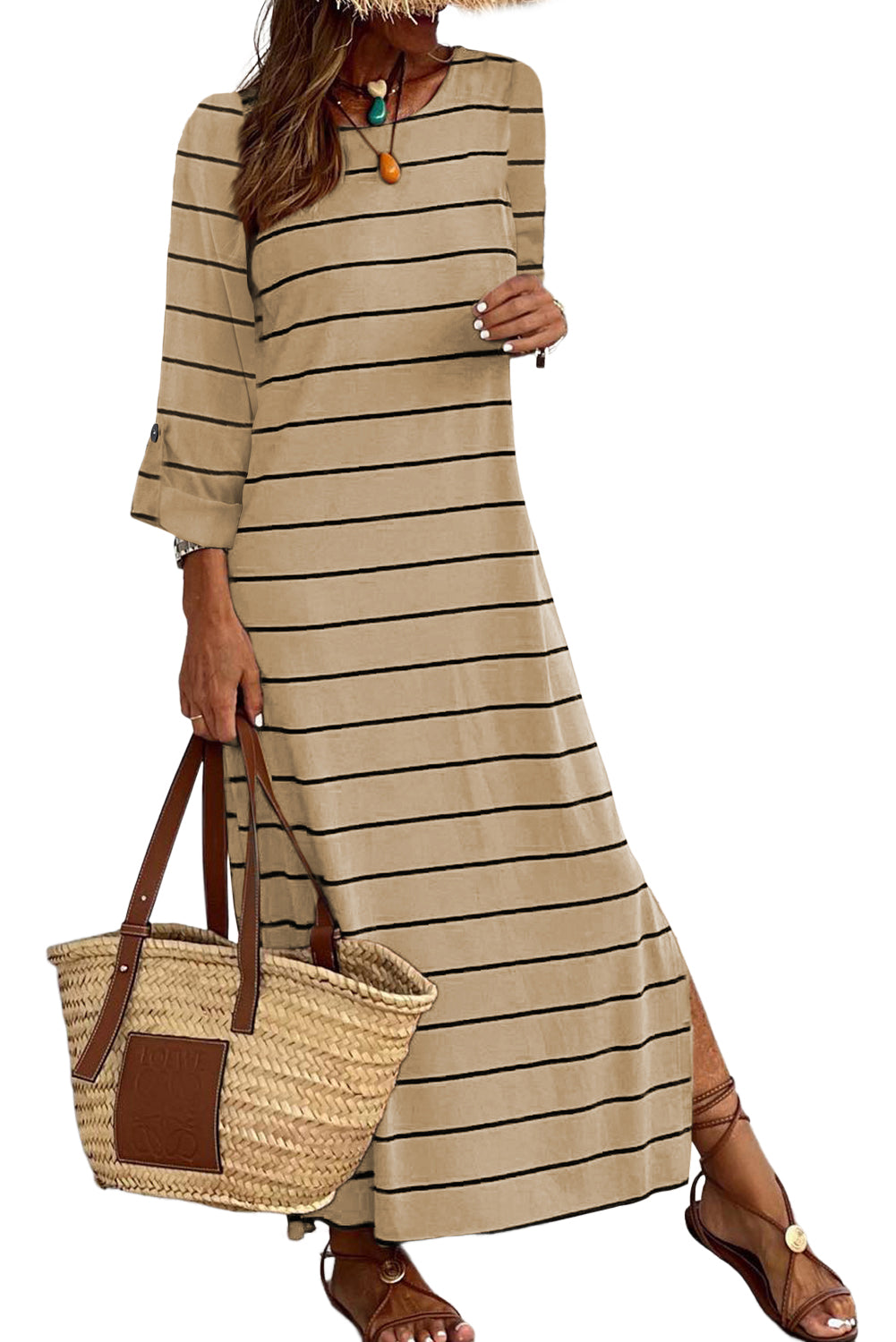 Apricot Striped Casual Slit Long Dress Dresses JT's Designer Fashion