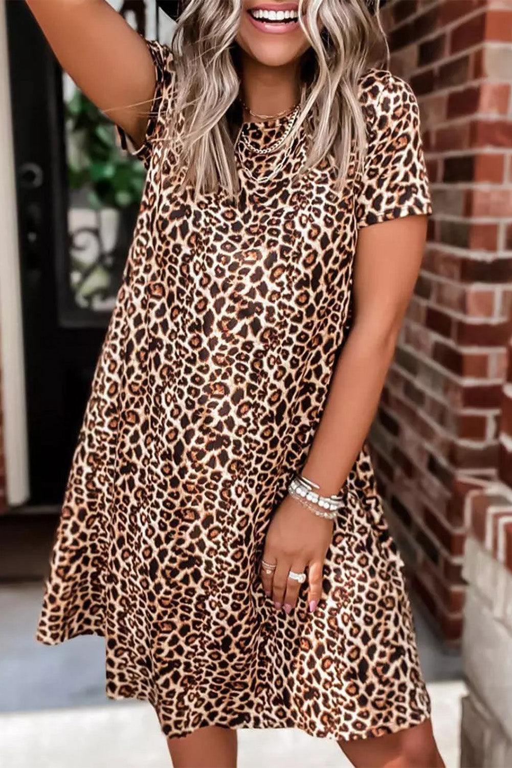 Leopard Print Short Sleeve A-line Mini Dress Mini Dresses JT's Designer Fashion