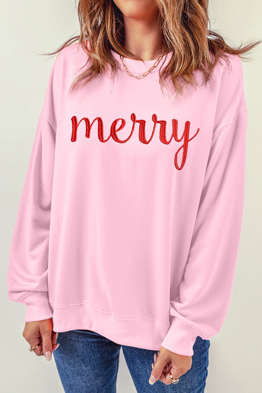 Pink merry Embroidered Drop Shoulder Sweatshirt Graphic Sweatshirts JT's Designer Fashion