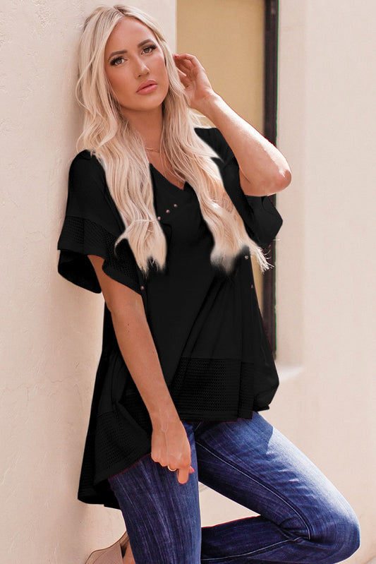 Black Contrast Knit Splicing V Neck Studded Blouse Black 93%Viscose+7%Elastane Blouses & Shirts JT's Designer Fashion