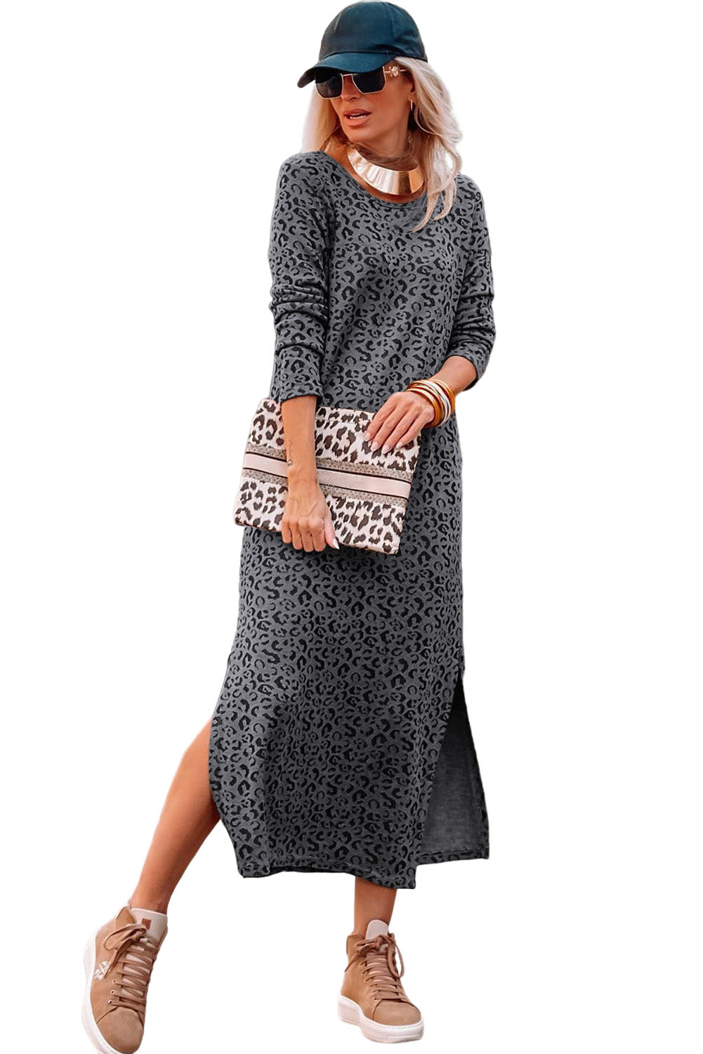 Dark Grey Round Neck Long Sleeve Split Dress Dresses JT's Designer Fashion