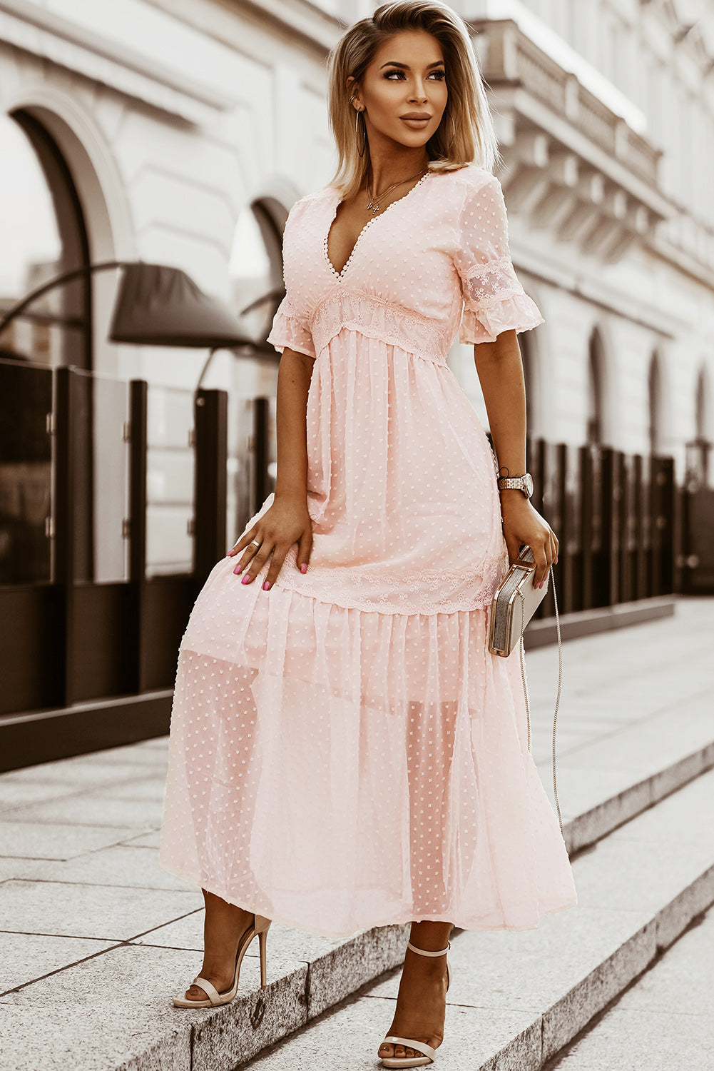 Swiss Dot Lace Trim Maxi Dress Pink pink Maxi Dresses JT's Designer Fashion