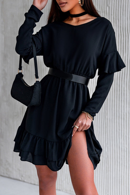 Black Ruffled V Neck Cut-out Back Elastic Waist Dress Mini Dresses JT's Designer Fashion