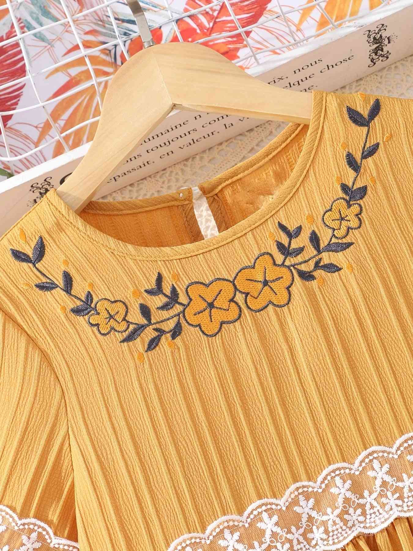 Lace Waistband Embroidery Round Neck Flounce Sleeve Dress Girls Dresses JT's Designer Fashion