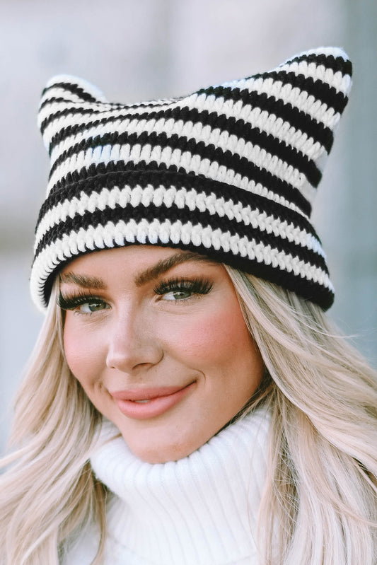 White Cute Striped Cat-Ear Knit Beanie Hat Hats & Caps JT's Designer Fashion