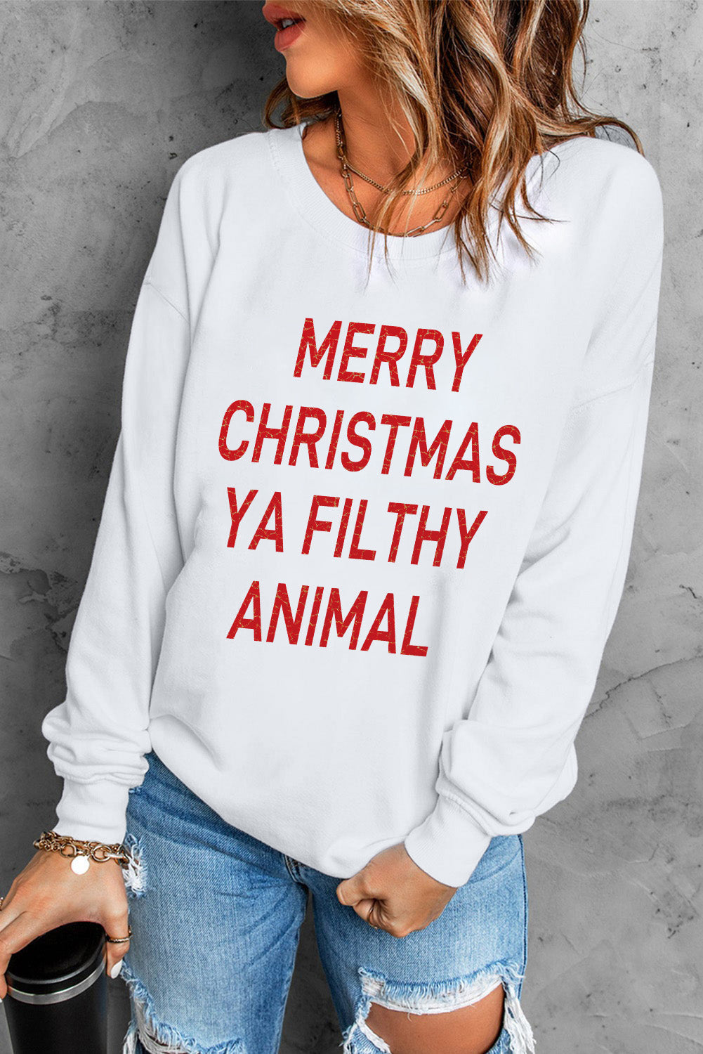 White Merry Christmas Ya Filthy Animal Graphic Sweatshirt Graphic Sweatshirts JT's Designer Fashion
