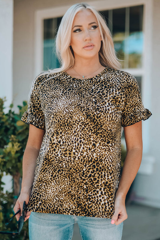 Women Leopard Short Flounce Sleeve Tee Leopard Tops & Tees JT's Designer Fashion