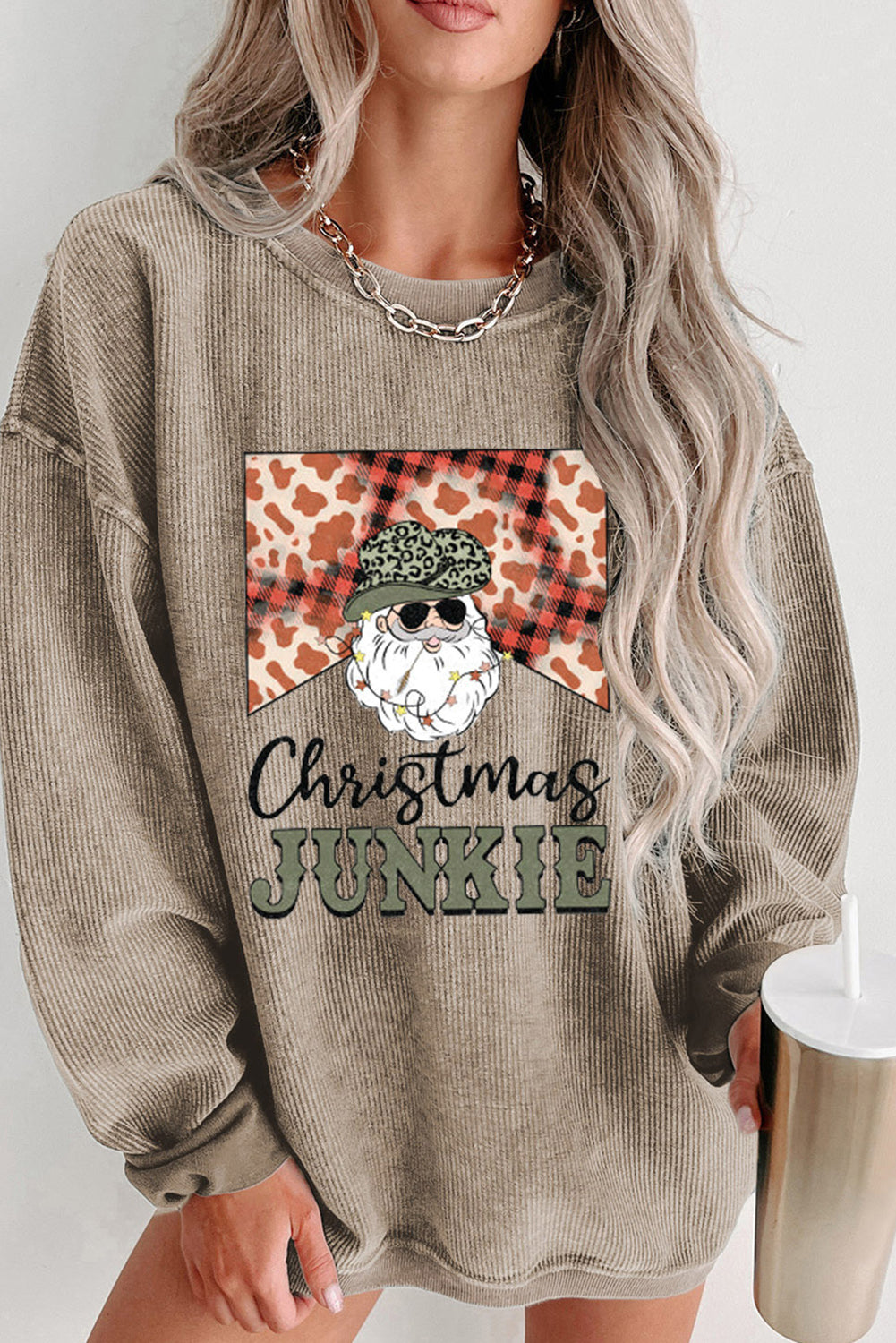 Khaki Christmas JUNKIE Print Crewneck Corded Sweatshirt Khaki 100%Polyester Graphic Sweatshirts JT's Designer Fashion