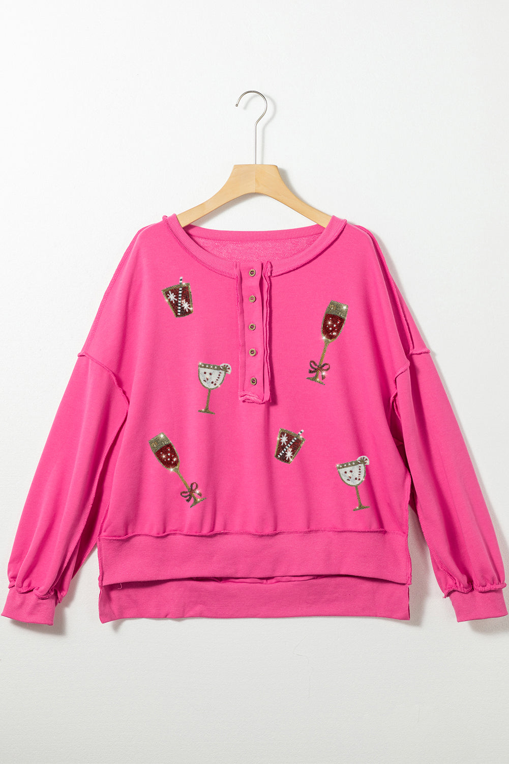 Strawberry Pink Shiny Drinks Graphic Half Button Valentine Sweatshirt Graphic Sweatshirts JT's Designer Fashion