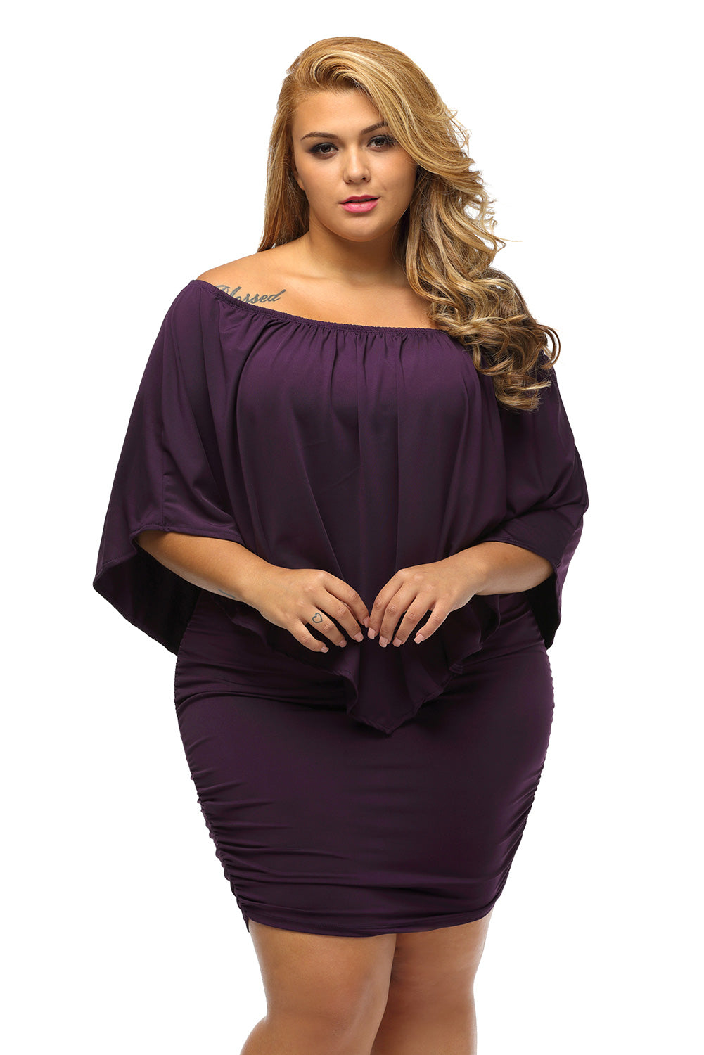 Plus Size Multiple Dressing Layered Purple Mini Poncho Dress Purple 95%polyester+5%spandex Plus Size Dresses JT's Designer Fashion