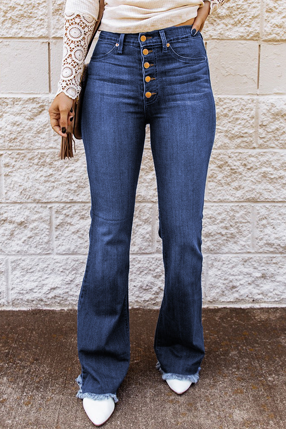 Tassel Button-fly High Waist Flare Jeans Blue Jeans JT's Designer Fashion