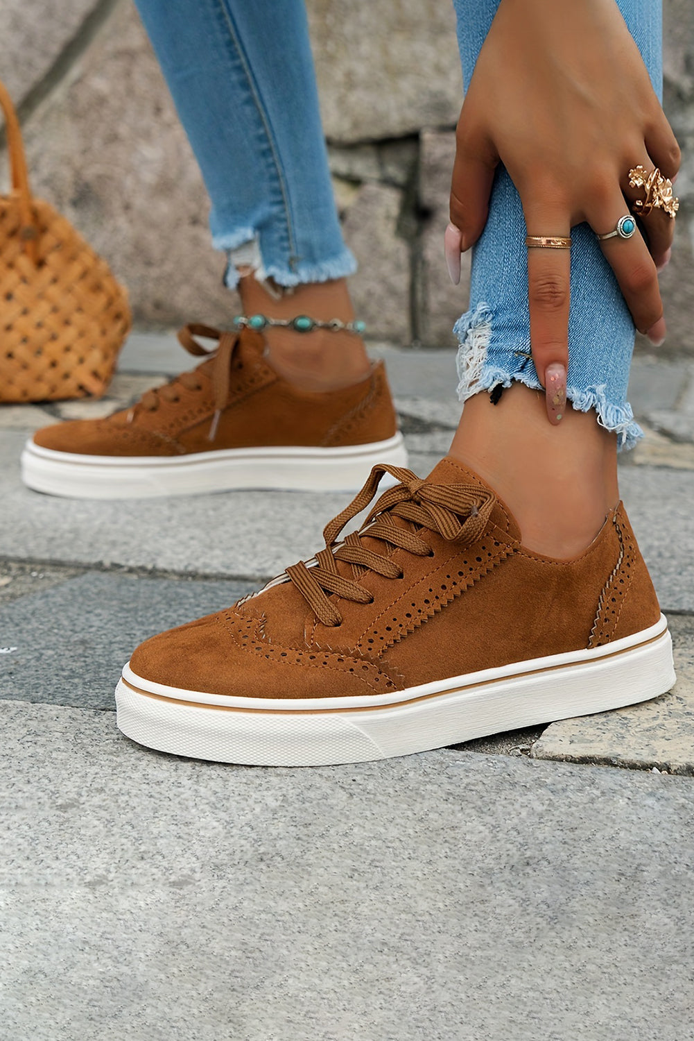Chestnut Suede Eyelet Lace-Up Casual Sneakers Women's Shoes JT's Designer Fashion