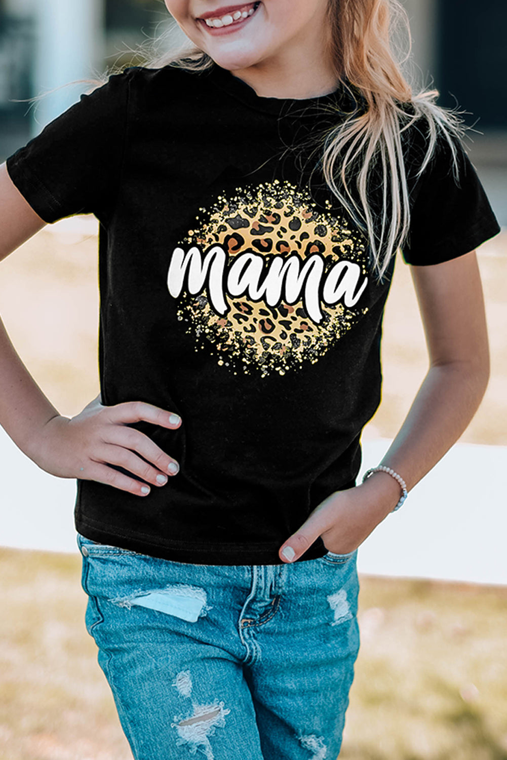 Black Family Matching Girl's Mama Leopard Print Short Sleeve T Shirt Black 95%Polyester+5%Elastane Family T-shirts JT's Designer Fashion
