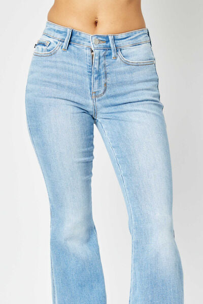 Judy Blue Full Size Mid Rise Raw Hem Slit Flare Jeans Jeans JT's Designer Fashion