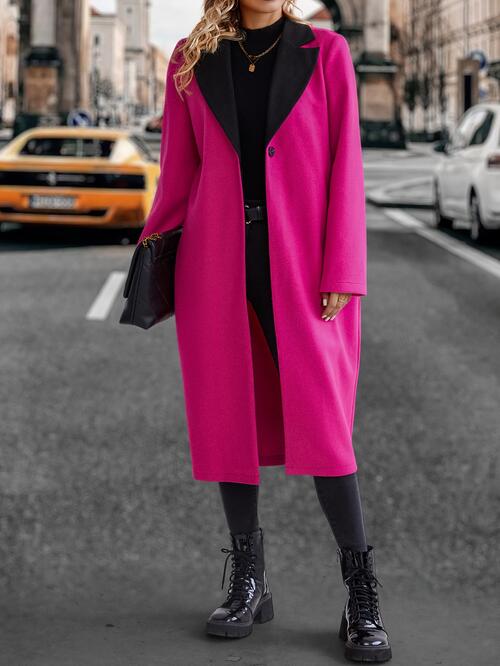 Collared Neck Buttoned Longline Coat Hot Pink Coats & Jackets JT's Designer Fashion