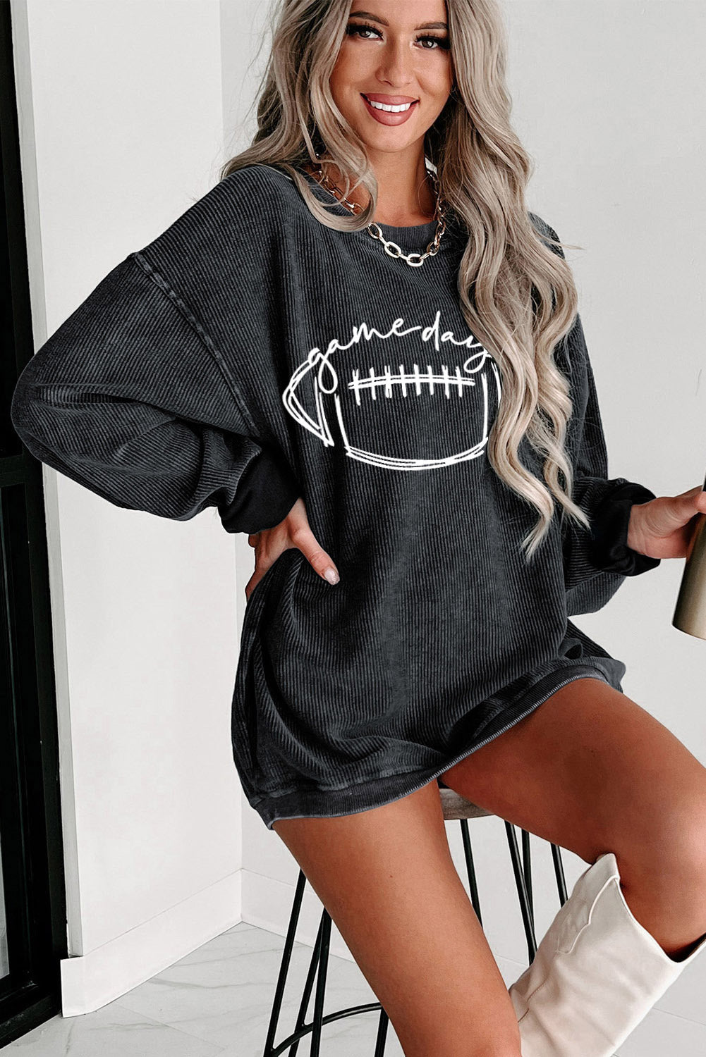 Black Corded Texture Game Day Graphic Sweatshirt Graphic Sweatshirts JT's Designer Fashion