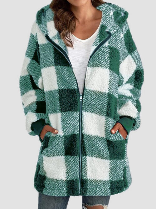 Plaid Zip Up Hooded Jacket with Pockets Green Coats & Jackets JT's Designer Fashion